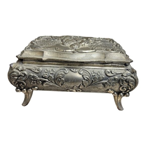 Vintage Footed 3D Victorian Style Silver Metal Trinket Jewelry Velvet Lined - Picture 4 of 10